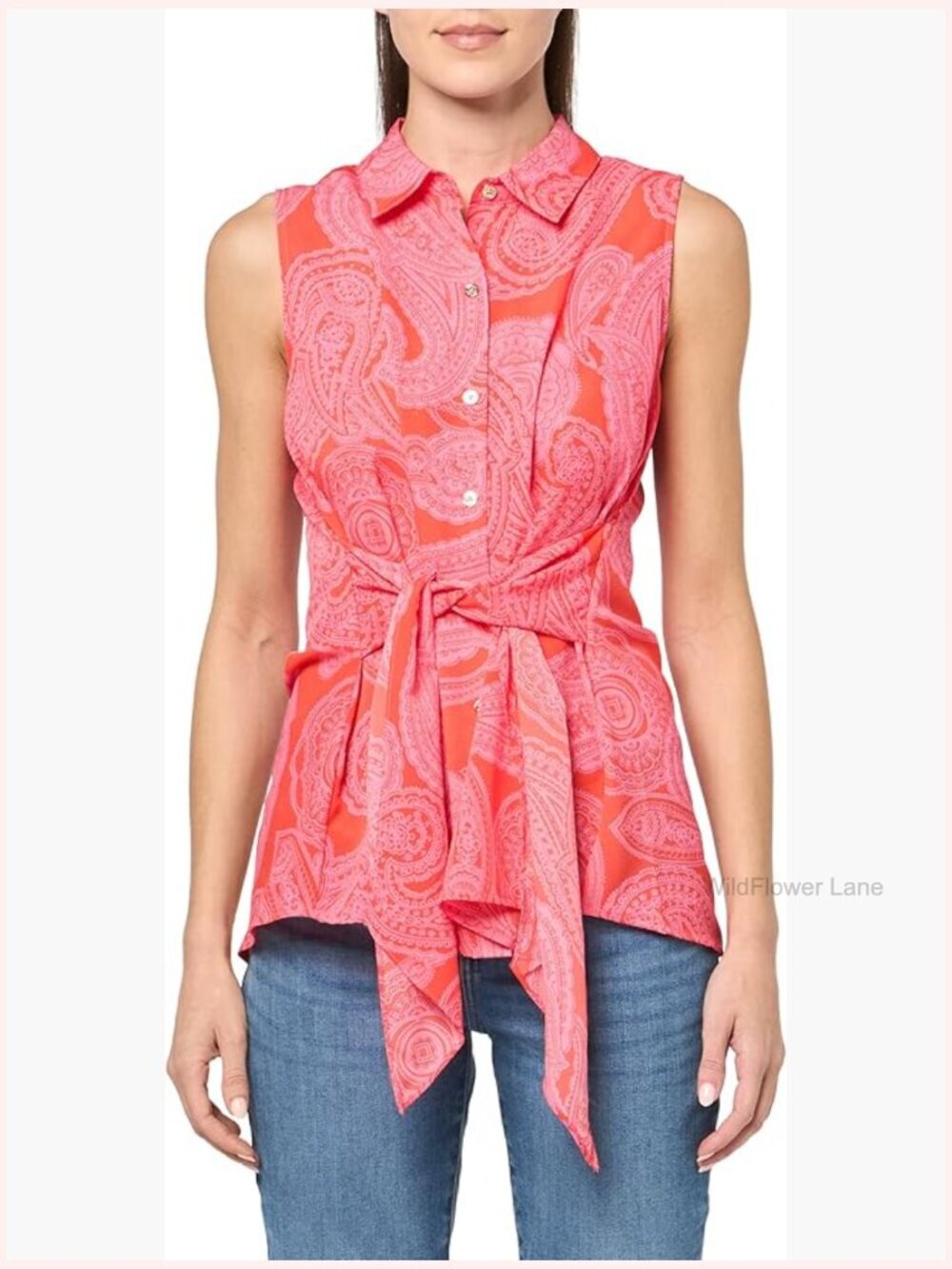 Button Front Sleeveless Top Polyester Blend Collared Neck